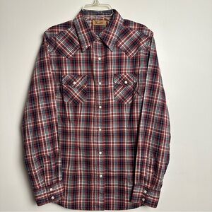Wrangler Western Women’s Medium Red Plaid Shirt Pearl Snap Front Pockets Cowboy